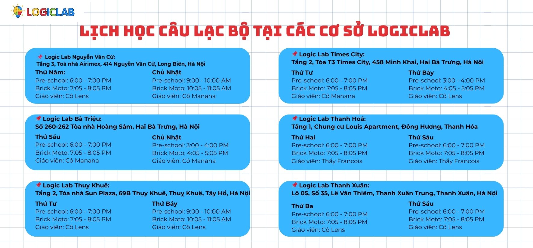 Thông báo lịch học các lớp Câu lạc bộ Hè Bricks4Kidz tại Logic Lab