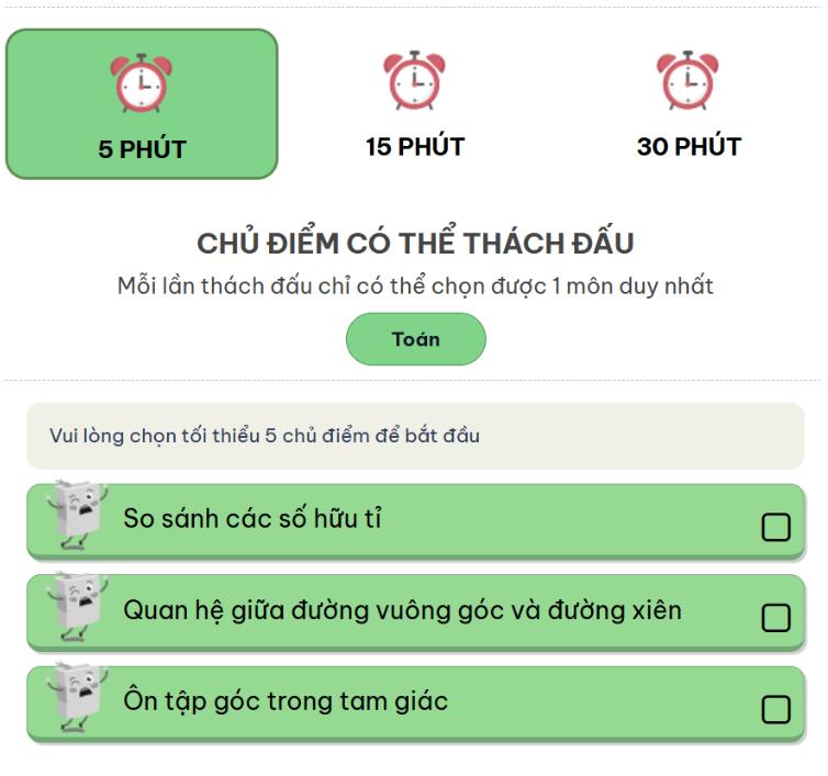 Thí sinh lựa chọn chủ điểm để có thể tiến hành Thách đấu.