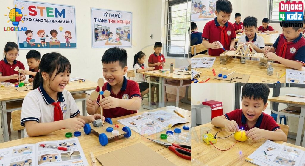 Tự tay chế tạo các sản phẩm STEM lớp 3 giúp học sinh 8-9 tuổi biến những lý thuyết khô khan thành trải nghiệm sáng tạo đầy hứng khởi.