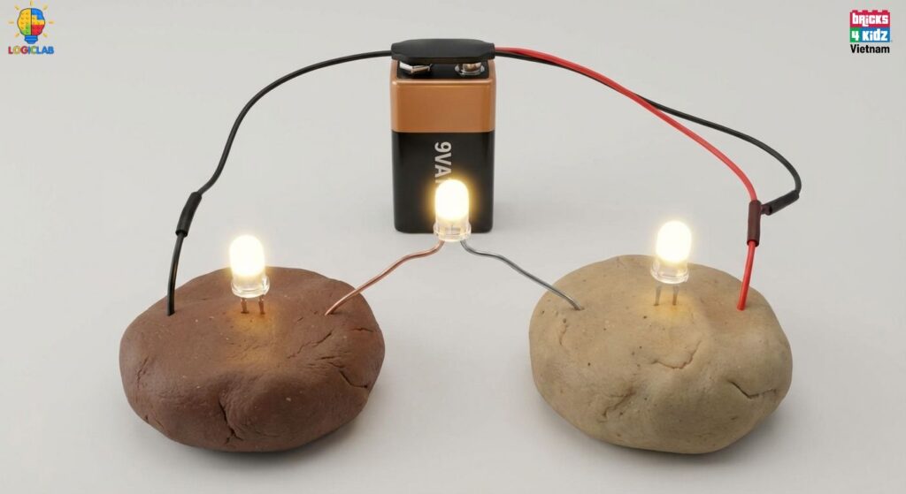 Mạch điện đơn giản với pin 9V, bóng đèn LED và dây dẫn được kết nối thông qua hai khối đất nặn dẫn điện