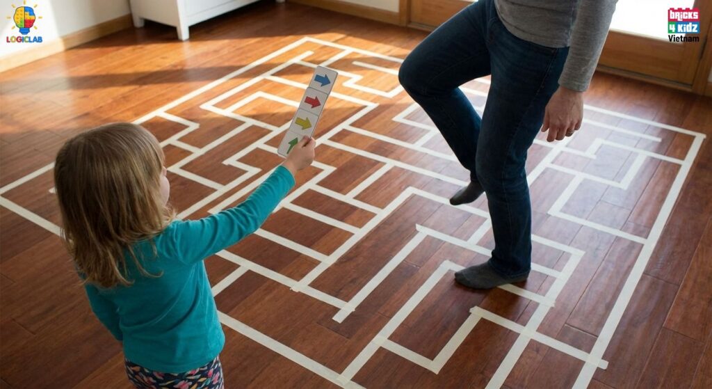 Hoạt động lập trình không màn hình với một đứa trẻ bằng cách sử dụng các thẻ lệnh mũi tên để hướng dẫn người lớn di chuyển qua mê cung trên sàn nhà.